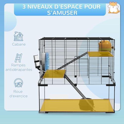 PawHut Cage Hamster, Cage Rongeur, 3 Niveaux avec Roue, rampes, maisonnette, Abreuvoir, mangeoire, 60L x 40l x 54,5H cm, Noir PawHut Cage Hamster, Cage Rongeur, 3 Niveaux avec Roue, rampes, maisonnette, Abreuvoir, mangeoire, 60L x 40l x 54,5H cm, Noir pas cher
