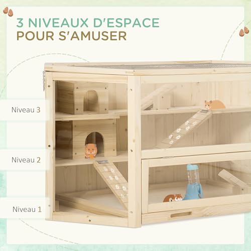 PawHut Cage à Hamster à 3 Niveaux, Cage gerbilles avec bascules pour Divertissement, Bouteille d’eau, fenêtres, cabanes, Toit articulé, Plateau Coulissant, 115 x 60 x 55 cm, Effet Bois Naturel PawHut Cage à Hamster à 3 Niveaux, Cage gerbilles avec bascules pour Divertissement, Bouteille d’eau, fenêtres, cabanes, Toit articulé, Plateau Coulissant, 115 x 60 x 55 cm, Effet Bois Naturel pas cher