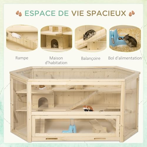 PawHut Cage à Hamster à 3 Niveaux, Cage gerbilles avec bascules pour Divertissement, Bouteille d’eau, fenêtres, cabanes, Toit articulé, Plateau Coulissant, 115 x 60 x 55 cm, Effet Bois Naturel PawHut Cage à Hamster à 3 Niveaux, Cage gerbilles avec bascules pour Divertissement, Bouteille d’eau, fenêtres, cabanes, Toit articulé, Plateau Coulissant, 115 x 60 x 55 cm, Effet Bois Naturel pas cher