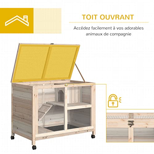 PawHut Cage à Lapin clapier sur roulettes Petit enclos Animaux en Bois Massif 2 étages Toit ouvrant Plates-Formes 91,5 x 53,3 x 73 cm Bois Naturel PawHut Cage à Lapin clapier sur roulettes Petit enclos Animaux en Bois Massif 2 étages Toit ouvrant Plates-Formes 91,5 x 53,3 x 73 cm Bois Naturel pas cher
